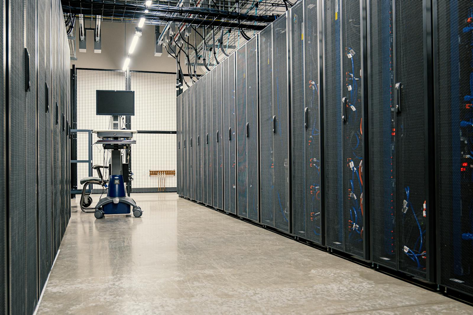 Data center server racks representing a Jenkins controller on VPS with remote Mac build agents
