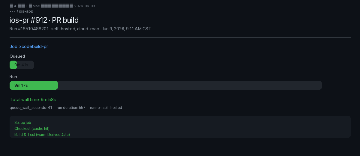 GitHub Actions self-hosted runner: Queued 41s, Run 9m17s, cloud-mac
