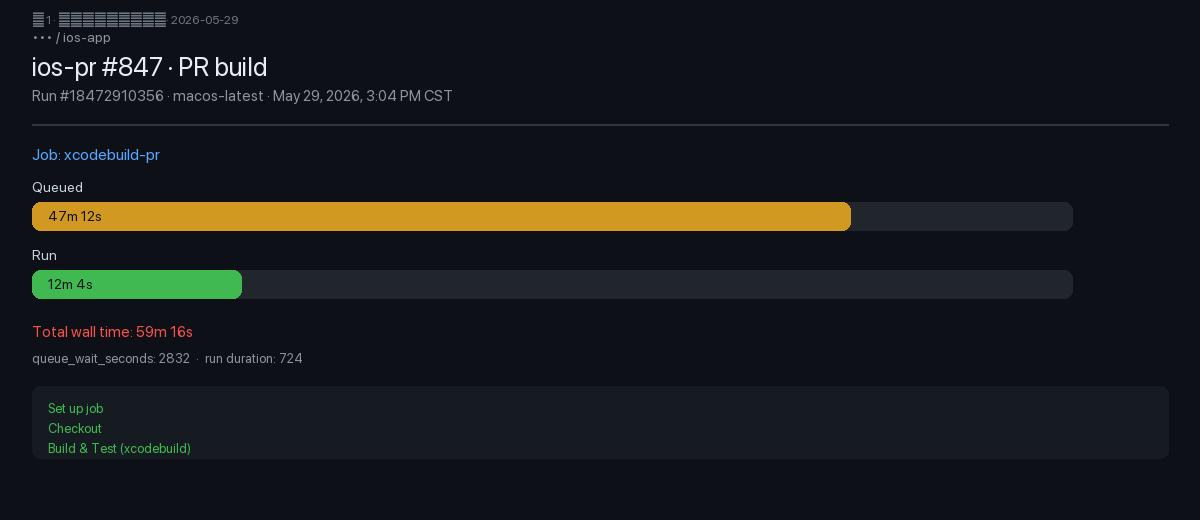 GitHub Actions job timeline: Queued 47m12s, Run 12m4s, run 18472910356
